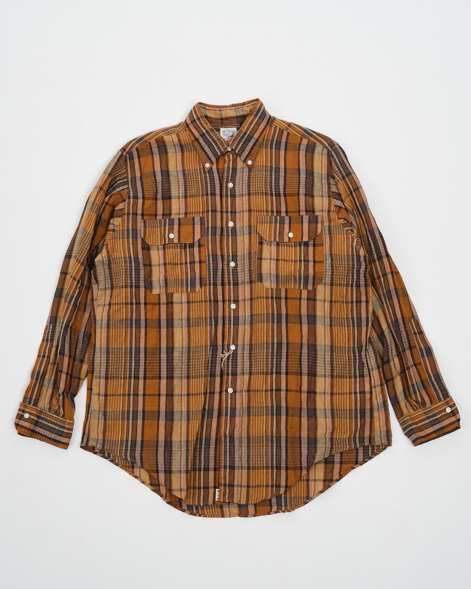 Linen Button Down Safari Shirt Orange Check by orSlow