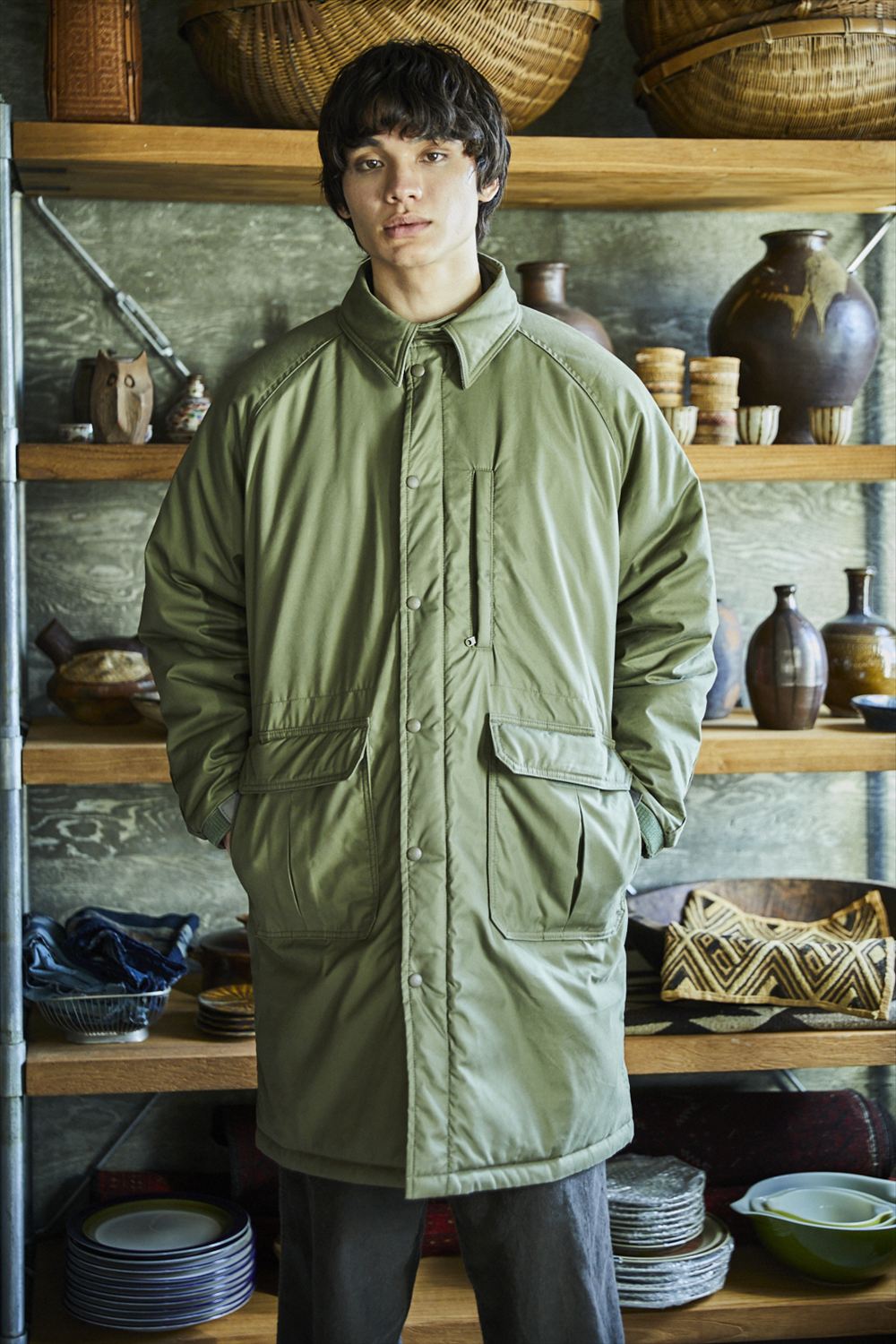 Cotton Nylon Padding Active Coat Army Green by orSlow - Meadow
