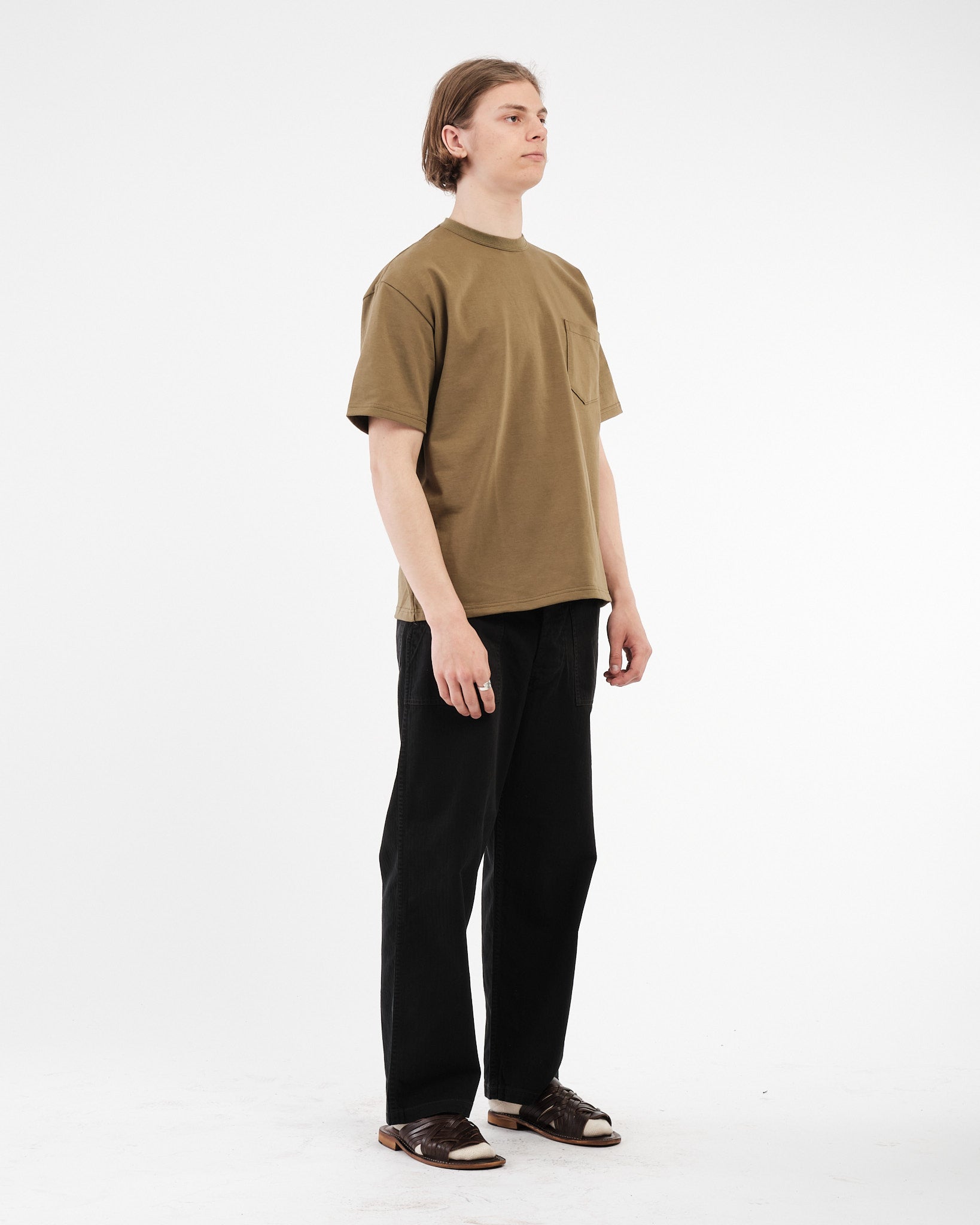 T-Shirt With Pocket Army Green by orSlow - Meadow