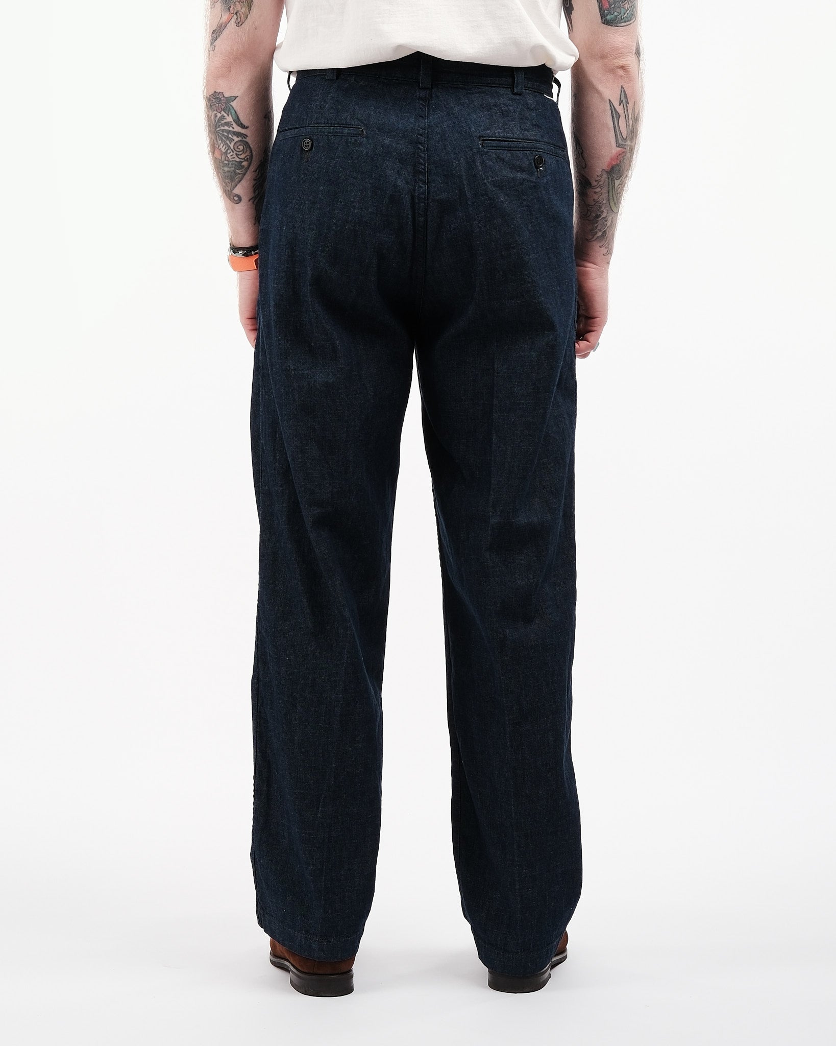 TWO TUCK WIDE DENIM WIDE TROUSERS ONE YEAR WASH - Meadow