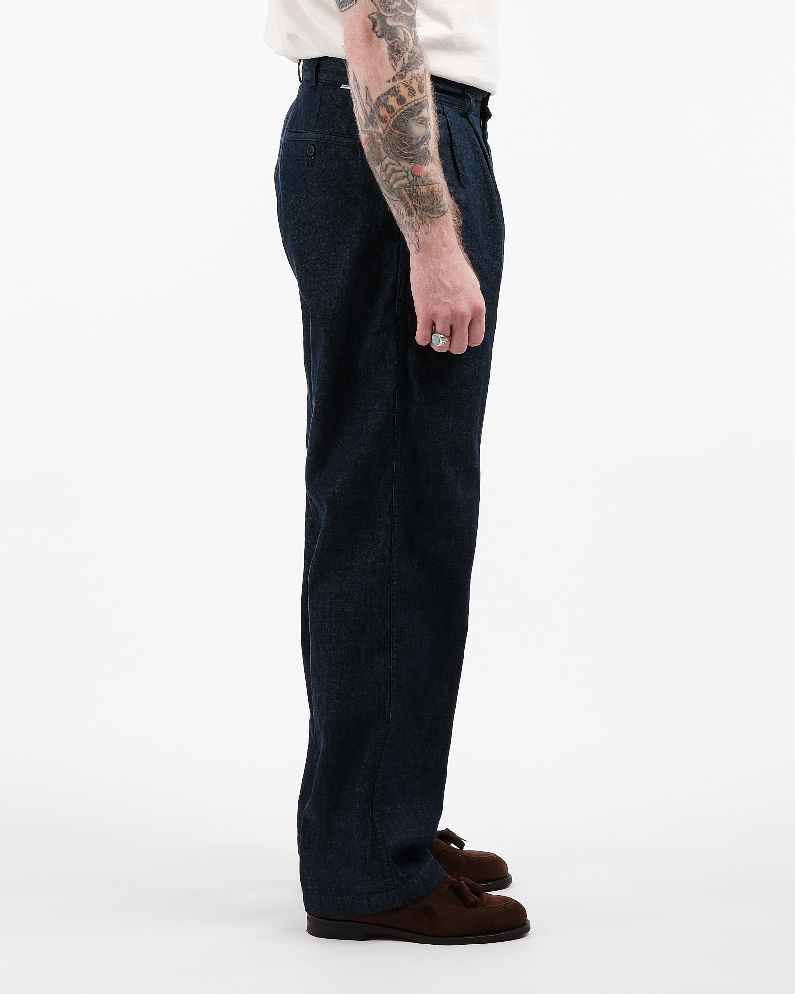 TWO TUCK WIDE DENIM WIDE TROUSERS ONE YEAR WASH - Meadow